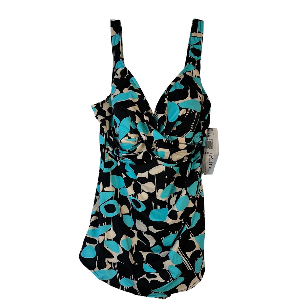 Dream Aqua Retro Notes‎ Geometric One Piece Swimdress Swimsuit Womens 18 71950K